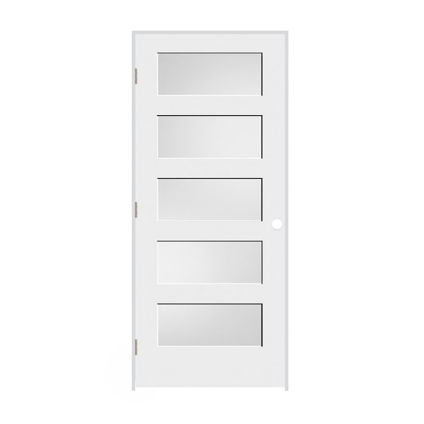 Codel Doors 36"x80"x1-3/8" Primed 5-Panel Equal Panel w/White Lami Glass Interior Shaker 4-9/16" RH Prehung Door - 3068PRI8405GLRH154916