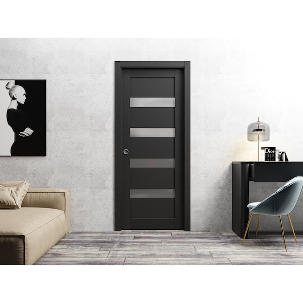 Sartodoors Slab Barn Door Panel 36 x 84in, Matte Black Frosted Glass, Pocket Closet Sliding - QUADRO4113S-BLK-3684