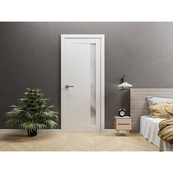 Sartodoors Solid French Door 24 x 96in, Planum 0660 Painted White W/ Frosted Glass, Sgl Panel Frame Trim - PLANUM0660ID-BEM-2496