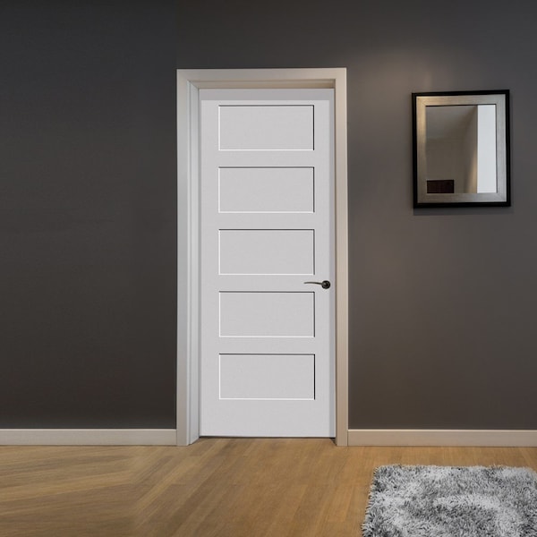 Codel Doors 30" x 84" x 1-3/8" Primed 5-Panel Equal Panel Interior Shaker 7-1/4" RH Prehung Door w/Black Hinges - 2670PRI8405RH1D714