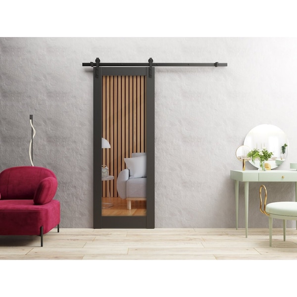 Sartodoors Sturdy Barn Door 18 x 96in, Matte Black Clear Glass, 6.6FT Rail Hangers Heavy Hardware Set - LUCIA2166BD-B-BLK-1896