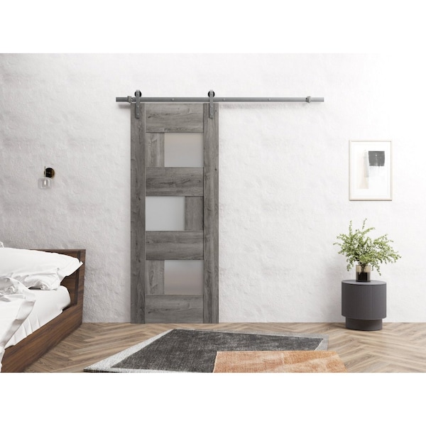 Sartodoors Sturdy Barn Door 28 x 80in, Sete 6933 Nebraska Grey W/ Frosted Glass, SS 6.6FT Rail Hangers Heavy Set - SETE6933BD-S-NEB-28