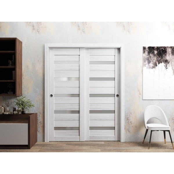 Sartodoors Sliding Closet Bypass Doors 36 x 80in, Quadro 4445 Nordic White W/ Frosted Glass, Sturdy Rails - QUADRO4445DBD-NOR-36