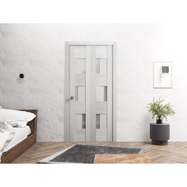 Sartodoors Sliding Closet Bi-fold Doors 84 x 80in, Sete 6933 Light Grey Oak W/ Frosted Glass, Sturdy Tracks - SETE6933BF-OAK-84