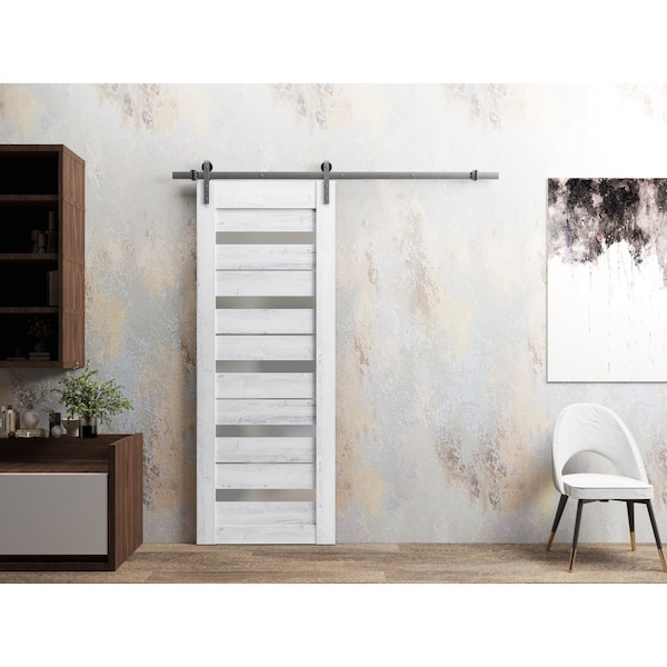 Sartodoors Sturdy Barn Door 32 x 84in, Nordic White W/ Frosted Glass, SS 6.6FT Rail Hangers Heavy Set - QUADRO4445BD-S-NOR-3284