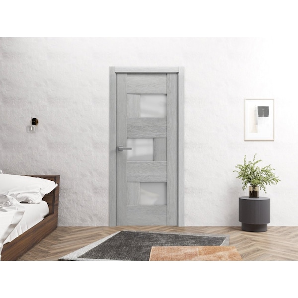 Sartodoors Solid French Door 42 x 80in, Light Grey Oak W/ Frosted Glass, Single Regular Panel Frame Trims Handle - SETE6933ID-OAK-42