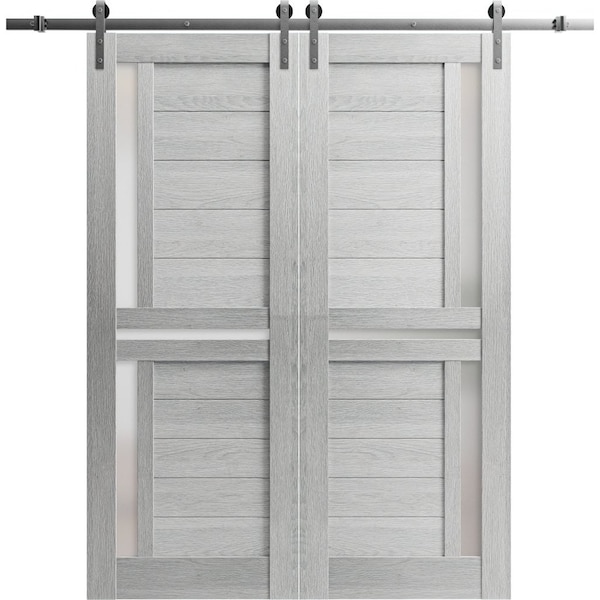 Sartodoors Sturdy Dbl Barn Door 36 x 84in W/, Light Grey Oak W/ Frosted Glass, SS 13FT Rail Hangers Heavy Set - VEREGIO7288DB-S-OAK-3684
