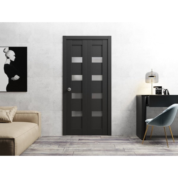 Sartodoors Sliding Closet Bi-fold Doors 56 x 96in, Quadro 4113 Matte Black W/ Frosted Glass, Sturdy Tracks - QUADRO4113BF-BLK-5696