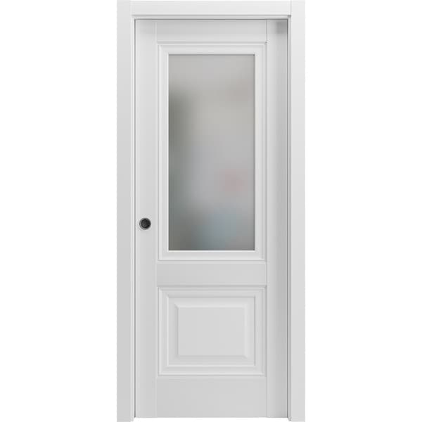 Sartodoors Sliding French Pocket Door 18 x 80in W/, White Silk W/ Frosted Glass, Kit Trims Rail Hardware - LUCIA8822PD-WS-18