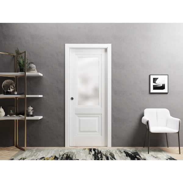 Sartodoors Sliding French Pocket Door 18 x 80in W/, White Silk W/ Frosted Glass, Kit Trims Rail Hardware - LUCIA8822PD-WS-18