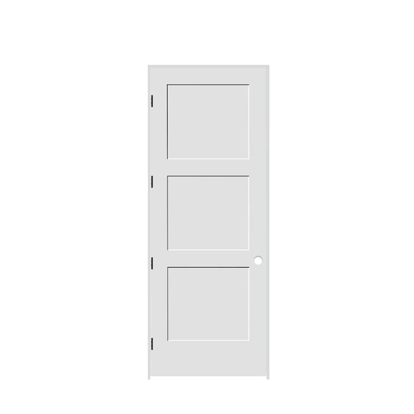 Codel Doors 24" x 96" x 1-3/8" Primed 3-Panel Equal Panel Interior Shaker 4-9/16" RH Prehung Door w/Mtt Blk Hngs - 2080PRI8433RH10B4916