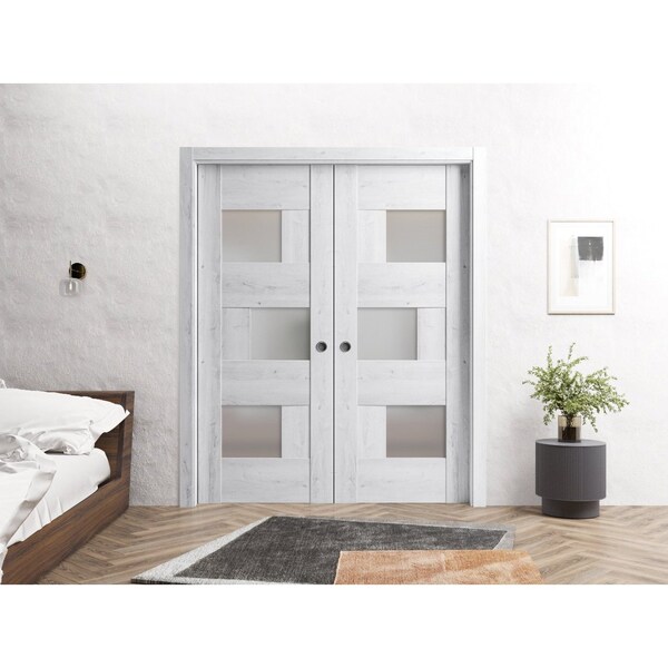 Sartodoors Sliding French Dbl Pocket Doors 84 x 84in, Nordic White W/ Frosted Glass, Kit Trims Rail Hardware - SETE6933DP-NOR-8484