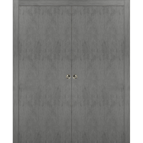 Sartodoors Sliding French Double Pocket 56x80" Planum 0010 Concrete Kit Trims Rail Hardware Wood Interior - PLANUM0010DP-BTN-56