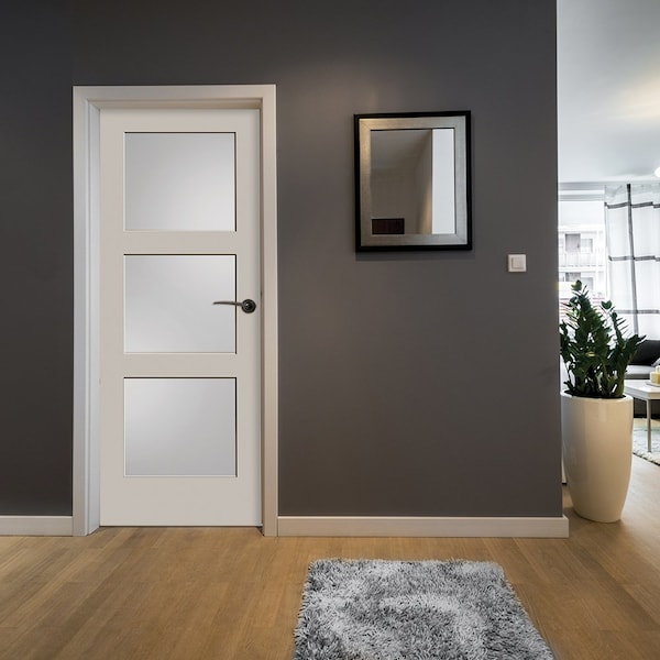 Codel Doors 36" x 80" Primed 3-Panel Equal Panel Interior Shaker Slab Door with White Lami Glass - 3068PRI8433GL