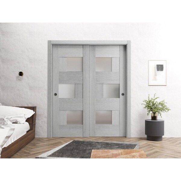 Sartodoors Sliding Closet Bypass Doors 64 x 80in, Sete 6933 Light Grey Oak W/ Frosted Glass, Sturdy Rails - SETE6933DBD-OAK-64