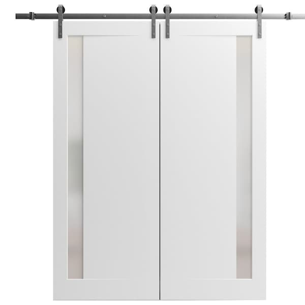 Sartodoors Sliding Closet Barn Bypass Doors 56 x 84in, Matte Black W/ Frosted Glass, Sturdy 6.6ft Rails - SETE6933BBB-BLK-5684