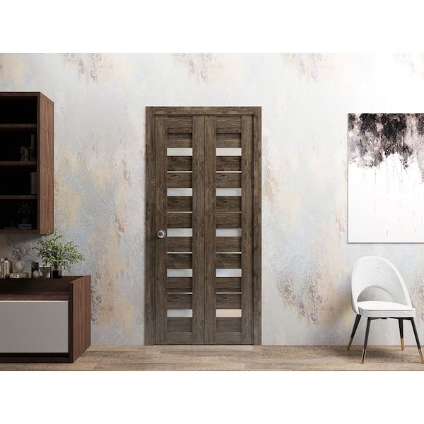 Sartodoors Sliding Closet Bi-fold Doors 48 x 80in, Quadro 4445 Cognac Oak W/ Frosted Glass, Sturdy Tracks - QUADRO4445BF-AKA-48