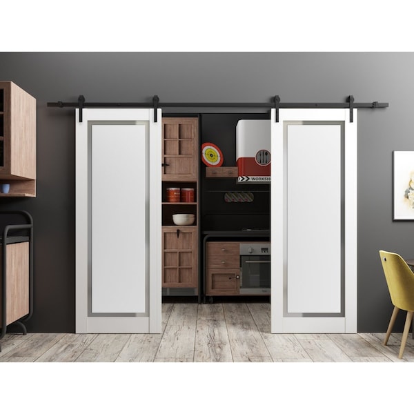 Sartodoors Sturdy Dbl Barn Door 36 x 96in W/, Painted White W/ Frosted Glass, 13FT Rail Hangers Heavy Set - PLANUM0888DB-BEM-3696