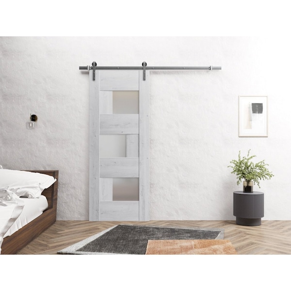 Sartodoors Sturdy Barn Door 42 x 96in, Sete 6933 Nordic White W/ Frosted Glass, SS 8FT Rail Hangers Heavy Set - SETE6933BD-S-NOR-4296
