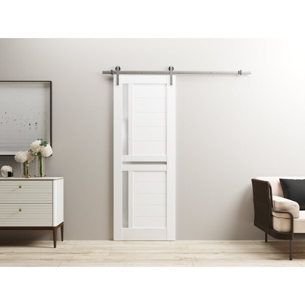 Sartodoors Sturdy Barn Door 28 x 96in, White Silk W/ Frosted Glass, SS 6.6FT Rail Hangers Heavy Set - VEREGIO7288BD-S-WS-2896