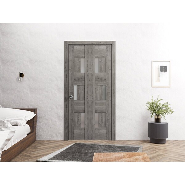 Sartodoors Sliding Closet Bi-fold Doors 64 x 80in, Sete 6933 Nebraska Grey W/ Frosted Glass, Sturdy Tracks - SETE6933BF-NEB-64