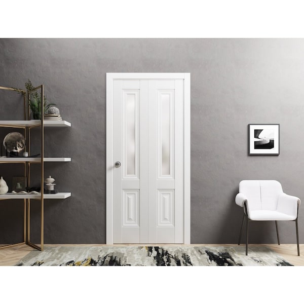 Sartodoors Sliding Closet Bi-fold Doors 60 x 80in, Lucia 8822 White Silk W/ Frosted Glass, Sturdy Tracks - LUCIA8822BF-WS-60
