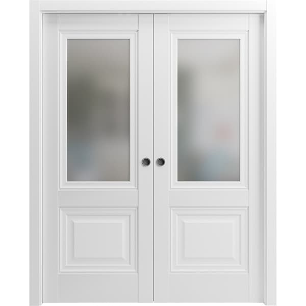 Sartodoors Sliding French Dbl Pocket Doors 64 x 96in, White Silk W/ Frosted Glass, Kit Trims Rail Hardware - LUCIA8822DP-WS-6496