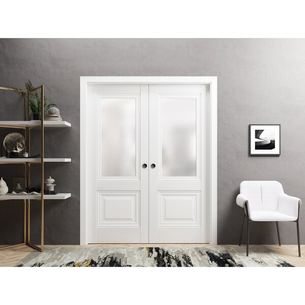 Sartodoors Sliding French Dbl Pocket Doors 64 x 96in, White Silk W/ Frosted Glass, Kit Trims Rail Hardware - LUCIA8822DP-WS-6496