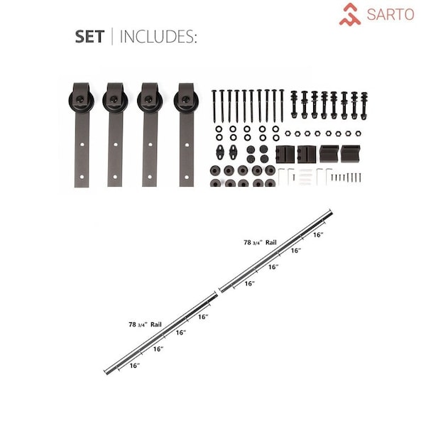 Sartodoors Sturdy Double Barn Door 60 x 96in, Quadro 4111 Matte Black, 13FT Rail Hangers Heavy Set - QUADRO4111DB-BLK-6096