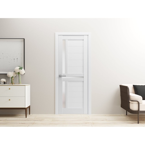 Sartodoors Solid French Door 36 x 84in, White Silk W/ Frosted Glass, Single Regular Panel Frame Trims Handle - VEREGIO7288ID-WS-3684