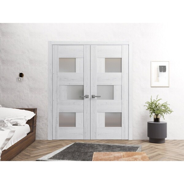 Sartodoors Solid French Double Doors 84 x 84in, Nordic White W/ Frosted Glass, Closet Bedroom Sturdy Doors - SETE6933DD-NOR-8484