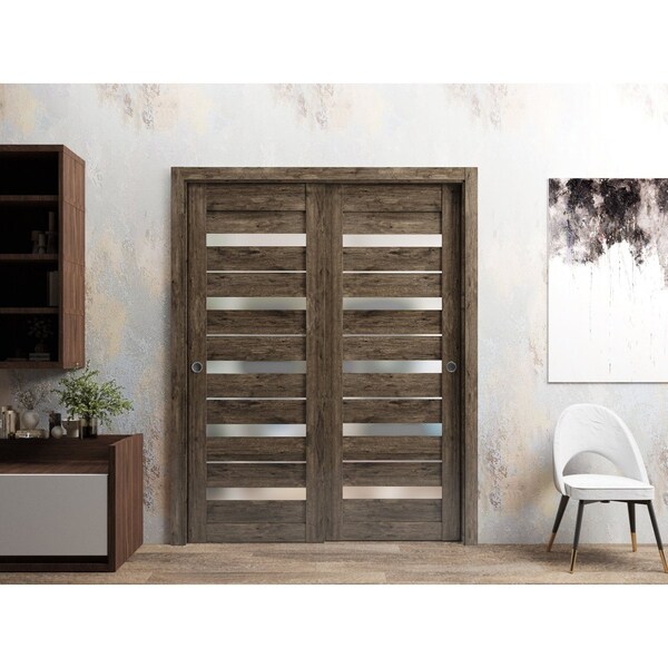 Sartodoors Sliding Closet Bypass Doors 48 x 80in, Quadro 4445 Cognac Oak W/ Frosted Glass, Sturdy Rails - QUADRO4445DBD-AKA-48