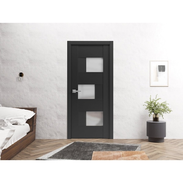 Sartodoors Solid French Door 28 x 80in, Matte Black W/ Frosted Glass, Single Regular Panel Frame Trims Handle - SETE6933ID-BLK-28