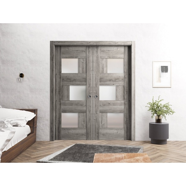 Sartodoors Sliding French Dbl Pocket Doors 60 x 96in, Nebraska Grey W/ Frosted Glass, Kit Trims Rail Hardware - SETE6933DP-NEB-6096