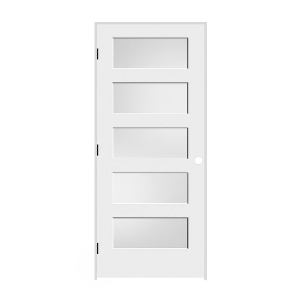 Codel Doors 36"x80"x1-3/8" Primed 5-Panel Equal Panel w/White Lami Glass Interior Shaker 4-9/16" RH Prehung Door - 3068PRI8405GLRH10B4916