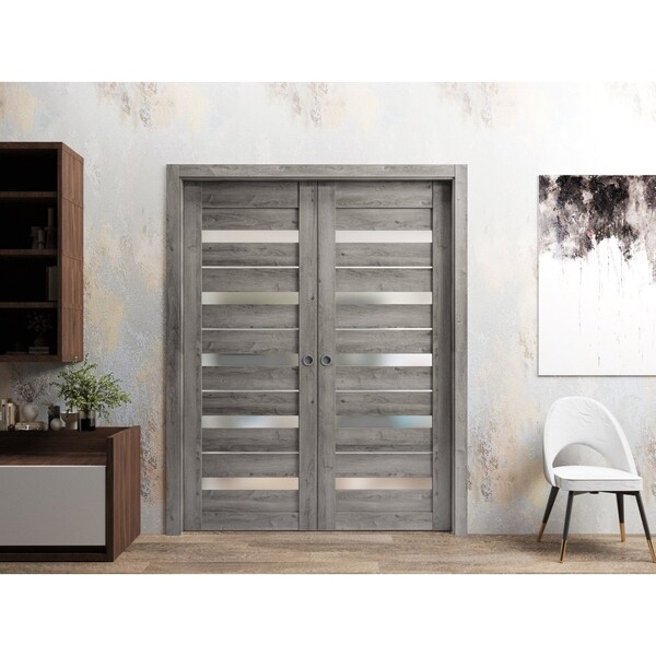 Sartodoors Sliding French Dbl Pocket Doors 64 x 84in, Nebraska Grey W/ Frosted Glass, Kit Trims Rail Hardware - QUADRO4445DP-NEB-6484