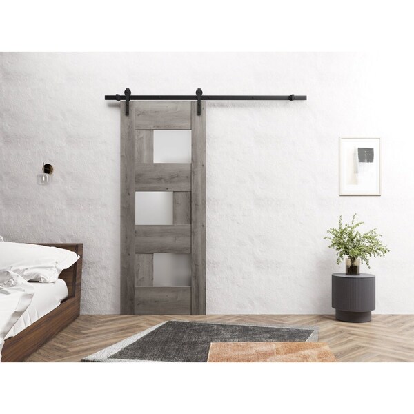Sartodoors Sturdy Barn Door 24 x 84in, Nebraska Grey W/ Frosted Glass, 6.6FT Rail Hangers Heavy Hardware Set - SETE6933BD-B-NEB-2484