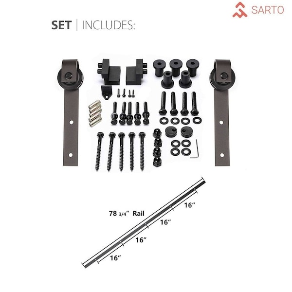 Sartodoors Sturdy Barn Door 24 x 84in, Nebraska Grey W/ Frosted Glass, 6.6FT Rail Hangers Heavy Hardware Set - SETE6933BD-B-NEB-2484