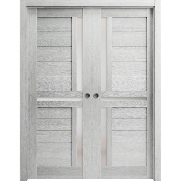 Sartodoors Sliding French Dbl Pocket Doors 36 x 80in, Light Grey Oak W/ Frosted Glass, Kit Trims Rail Hardware - VEREGIO7288DP-OAK-36