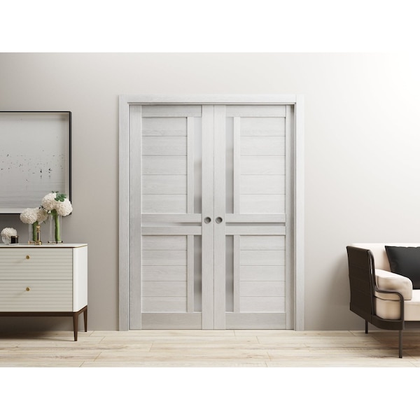 Sartodoors Sliding French Dbl Pocket Doors 36 x 80in, Light Grey Oak W/ Frosted Glass, Kit Trims Rail Hardware - VEREGIO7288DP-OAK-36