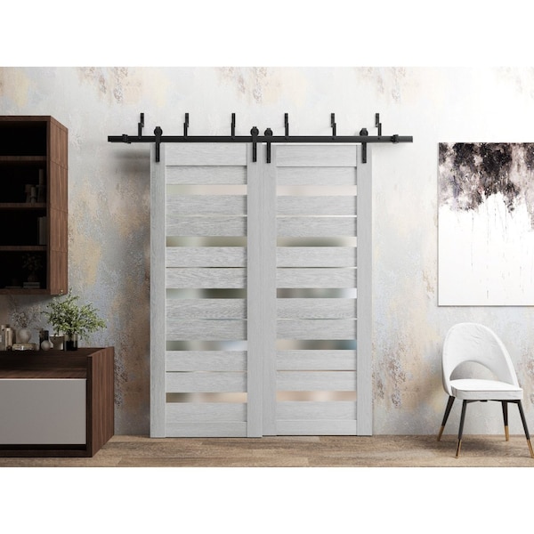Sartodoors Sliding Closet Barn Bypass Doors 60 x 80in, Light Grey Oak W/ Frosted Glass, Sturdy 6.6ft Rails - QUADRO4445BBB-OAK-60