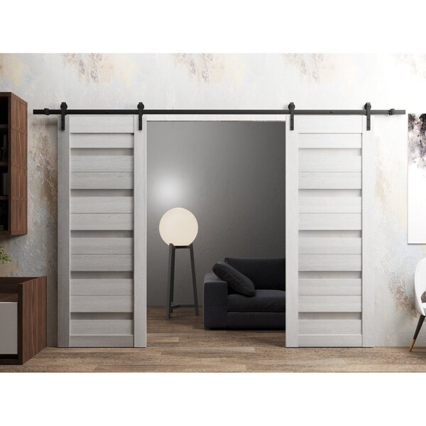 Sartodoors Sturdy Dbl Barn Door 60 x 80in, Light Grey Oak W/ Frosted Glass, 13FT Rail Hangers Heavy Set - QUADRO4445DB-OAK-60