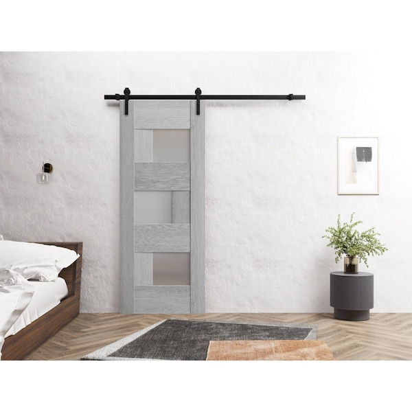 Sartodoors Sturdy Barn Door 36 x 84in, Light Grey Oak W/ Frosted Glass, 6.6FT Rail Hangers Heavy Hardware Set - SETE6933BD-B-OAK-3684
