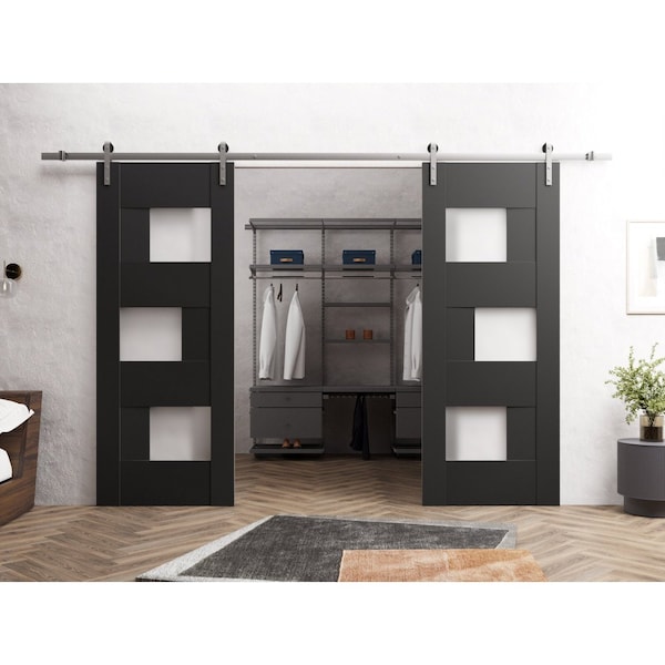 Sartodoors Sturdy Dbl Barn Door 36 x 80in, Matte Black W/ Frosted Glass, SS 13FT Rail Hangers Heavy Set - SETE6933DB-S-BLK-36