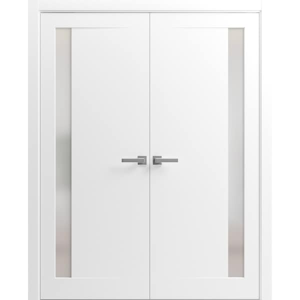 Sartodoors Sturdy Dbl Barn Door 36 x 80in, Matte Black W/ Frosted Glass, SS 13FT Rail Hangers Heavy Set - SETE6933DB-S-BLK-36