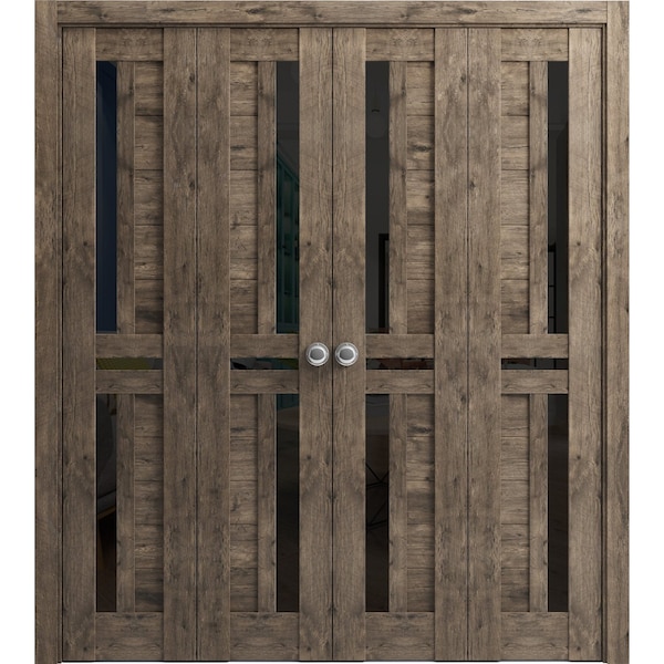 Sartodoors Sliding French Pocket Door 24 x 84in, Cognac Oak W/ Frosted Glass, Kit Trims Rail Hardware - QUADRO4445PD-AKA-2484