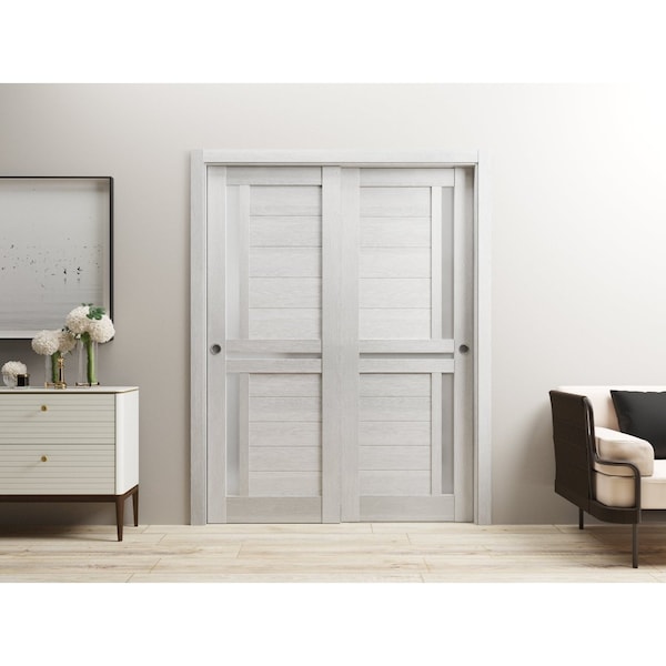 Sartodoors Sliding Closet Bypass Doors 72 x 96in, Veregio 7288 White Silk W/ Frosted Glass, Sturdy Rails - VEREGIO7288DBD-WS-7296