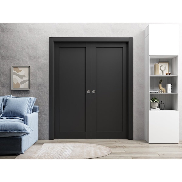 Sartodoors Sliding French Double Pocket Doors 56 x 80in, Quadro 4111 Matte Black, Kit Trims Rail Hardware - QUADRO4111DP-BLK-56