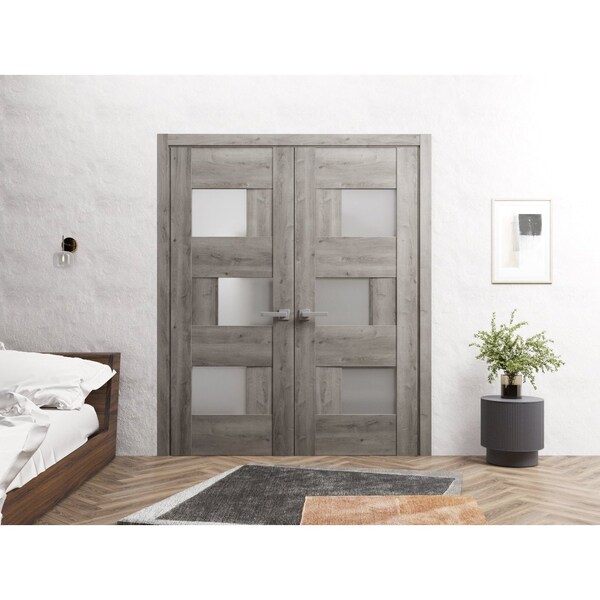 Sartodoors Solid French Double Doors 60 x 80in, Nebraska Grey W/ Frosted Glass, Closet Bedroom Sturdy Doors - SETE6933DD-NEB-60