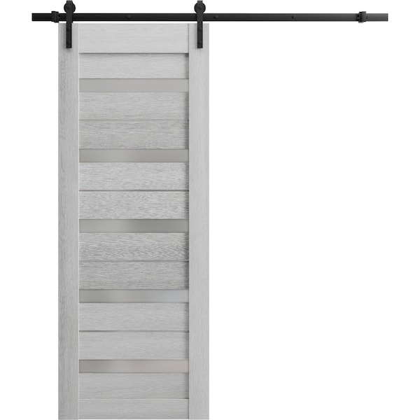 Sartodoors Sturdy Barn Door 30 x 96in, Light Grey Oak W/ Frosted Glass, 6.6FT Rail Hangers Heavy Hardware Set - QUADRO4445BD-B-OAK-3096